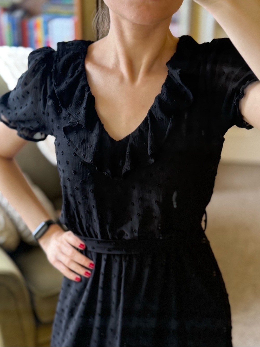 Black Ruffled Swiss Dot Mini Dress - Picture 3 of 9